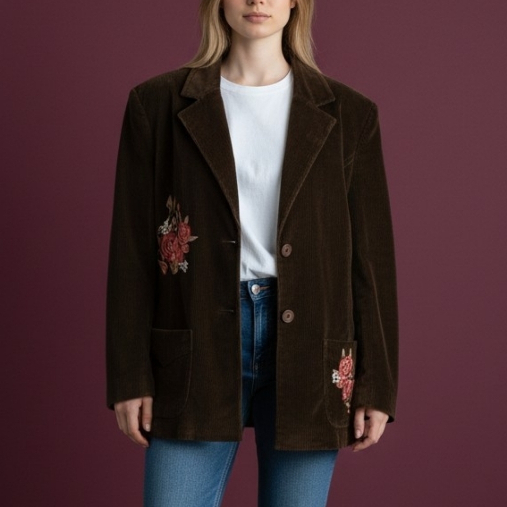 VTG 1970s AVON Dark Brown Floral Rose Embroidered Corduroy Blazer Size 3X